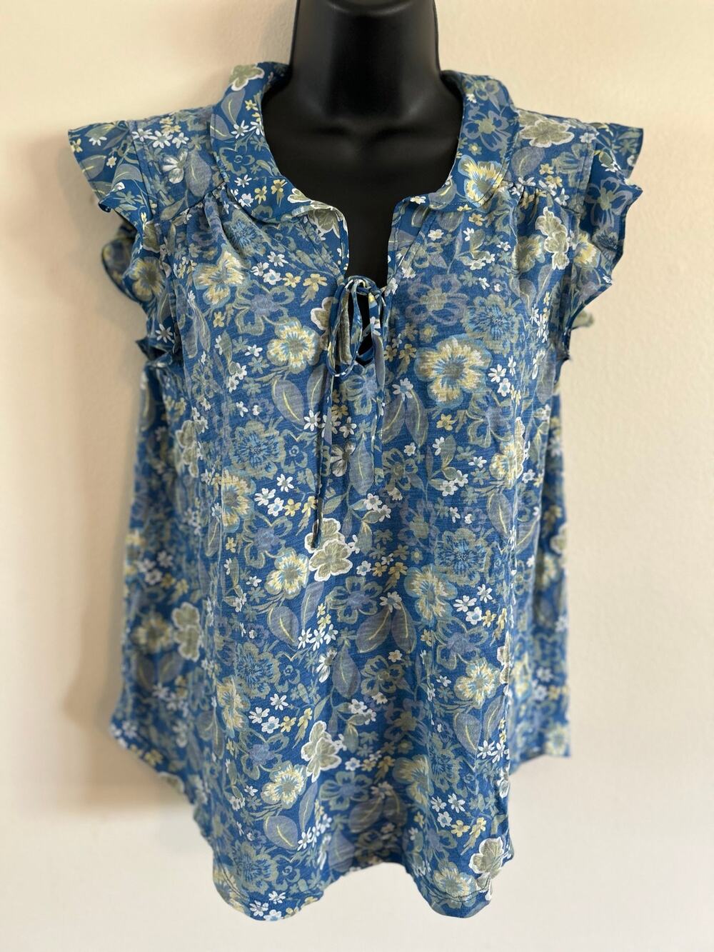 Lucky Brand Floral Ruffle Sleeve Tie Neck Blouse Blue Medium Cotton Modal